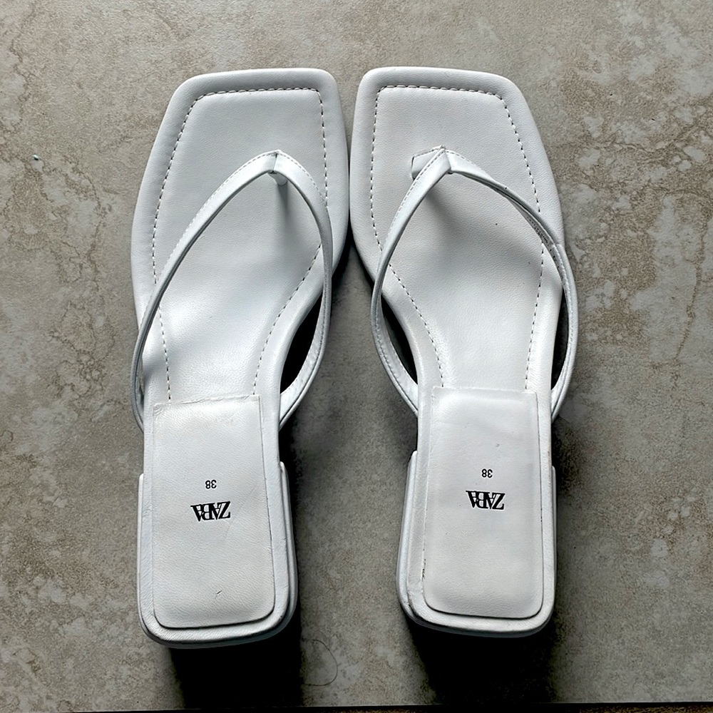Zara White Square Toe Sandal Heel